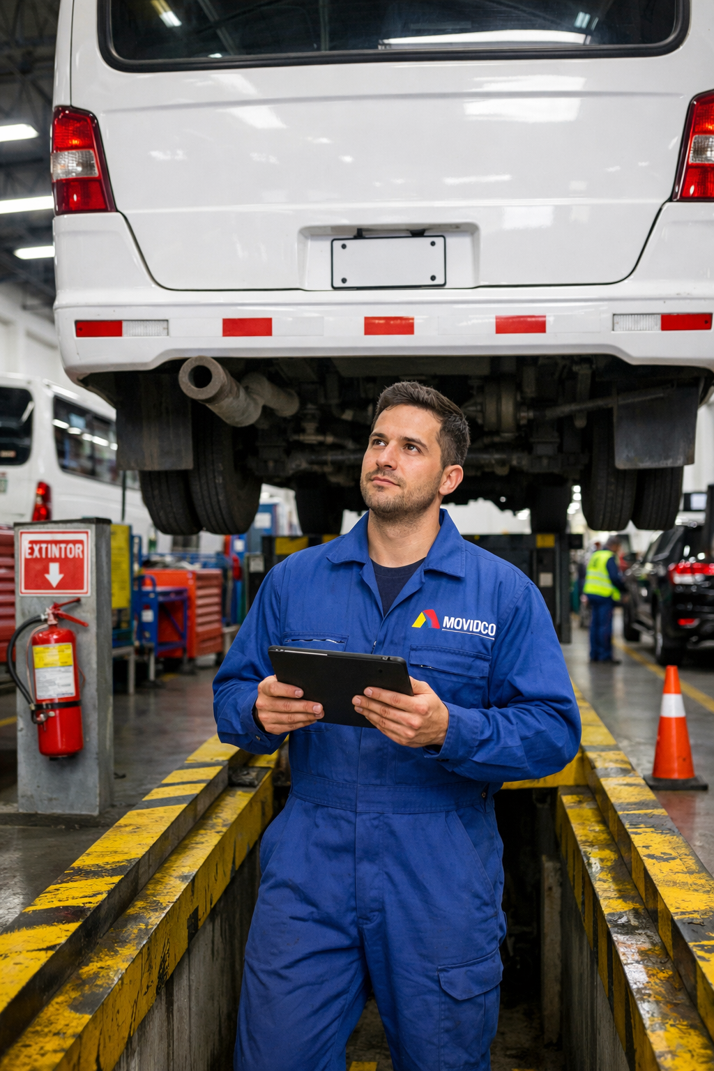 Técnico de Movidco realizando una inspección vehicular